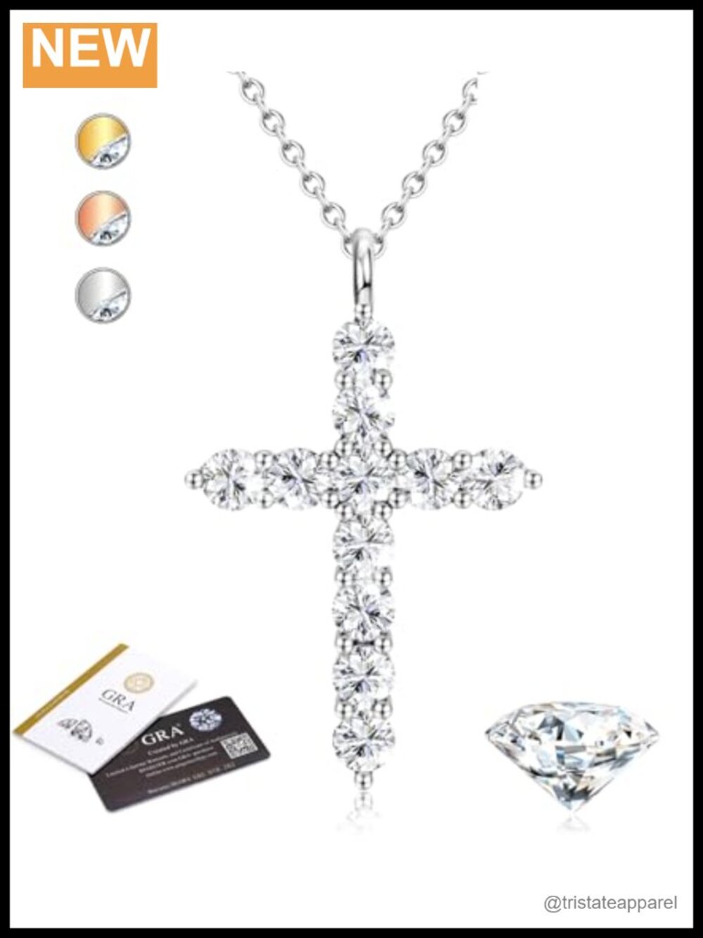 Moissanite Cross Necklace 925 Sterling Silver 14K Gold Plated Adjustable 20in